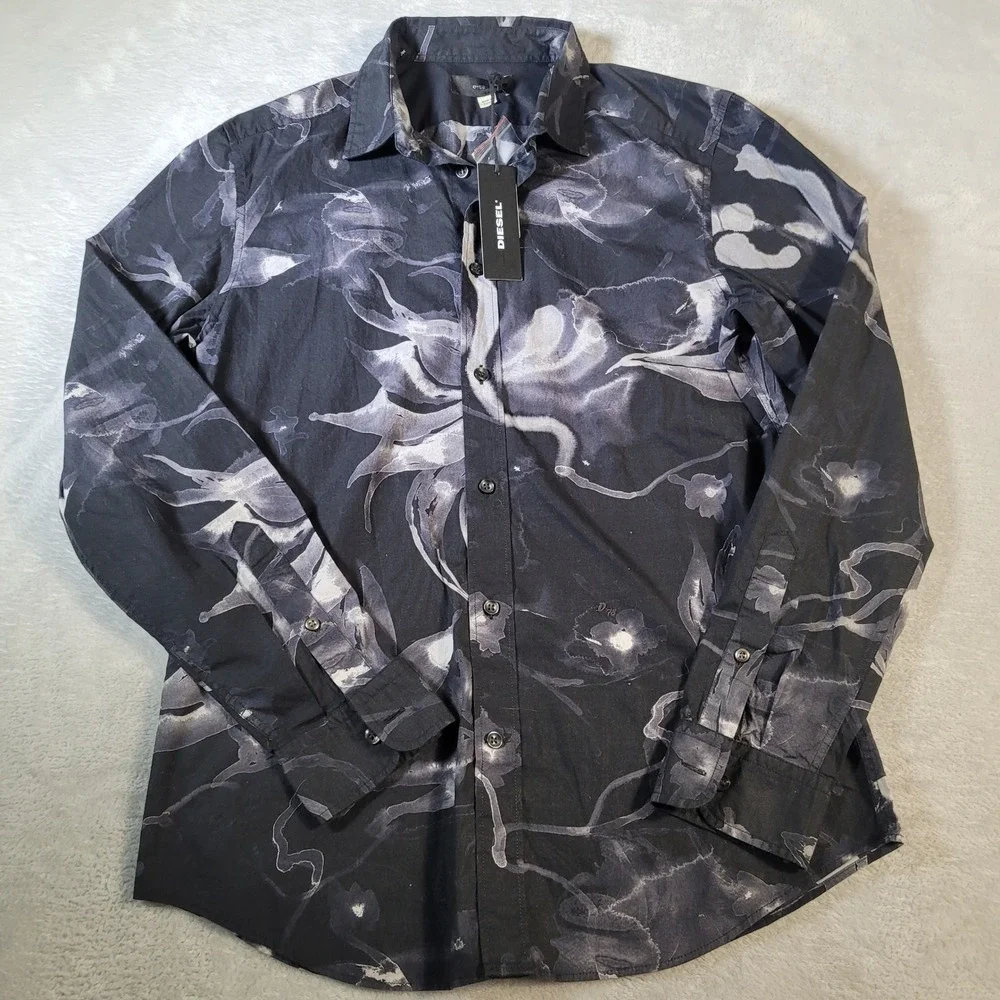 Diesel Shirt Mens Size Medium Black Floral Graphic Button-Down Abstract Design - Picture 1 of 15
